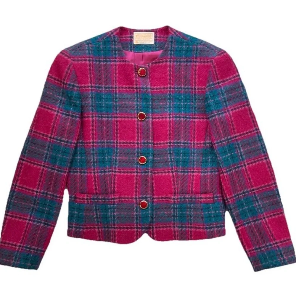 Pendleton Woolen Plaid Jacket in Pink and Teal - Picture 1 of 4